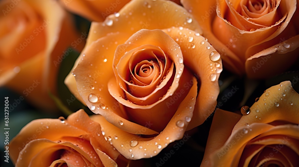 Orange Roses flowers with water drops background. Closeup of blossom with glistening droplets. Gener