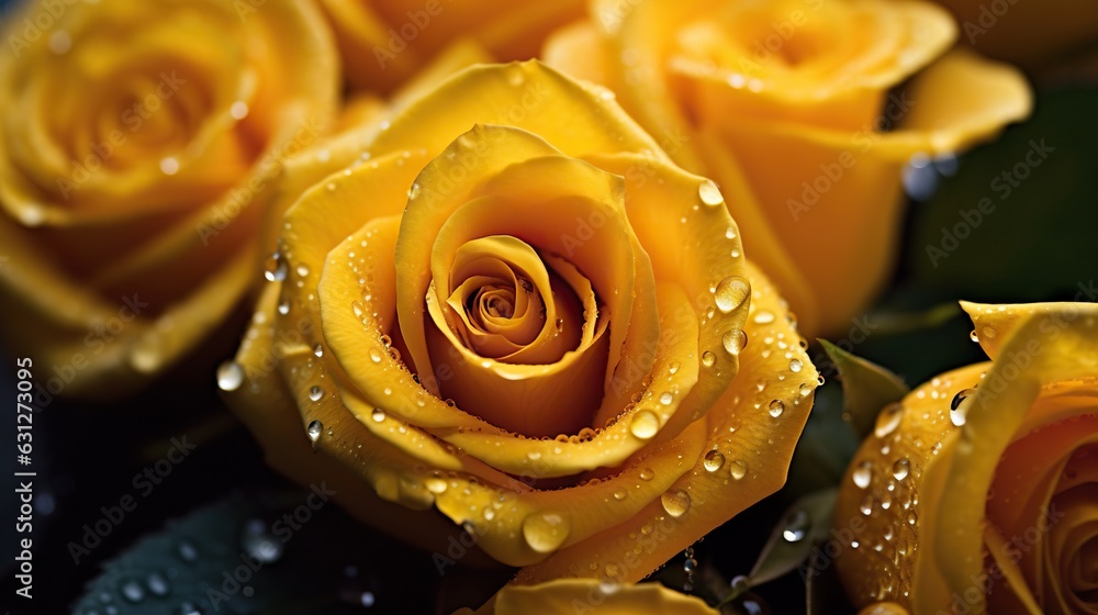 Yellow Roses flowers with water drops background. Closeup of blossom with glistening droplets. Gener