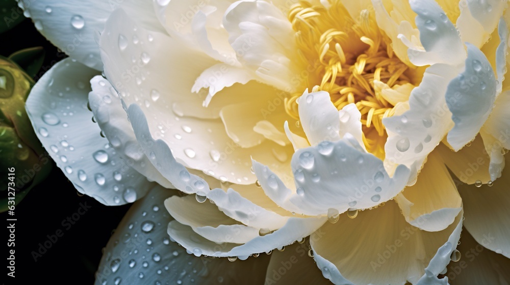 White Peony flowers with water drops background. Closeup of blossom with glistening droplets. Genera