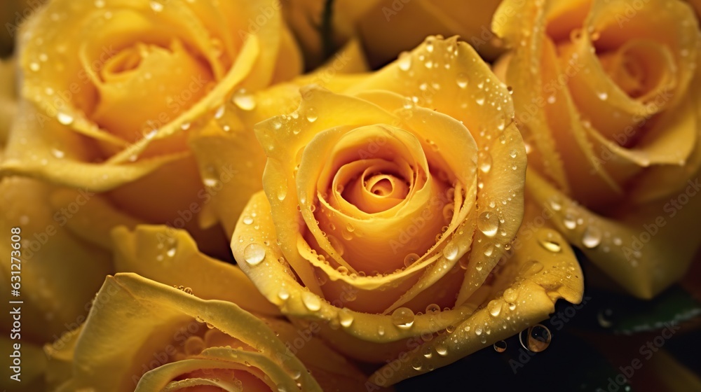 Yellow Roses flowers with water drops background. Closeup of blossom with glistening droplets. Gener