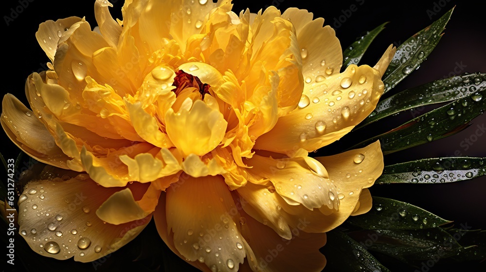 Yellow Peony flowers with water drops background. Closeup of blossom with glistening droplets. Gener