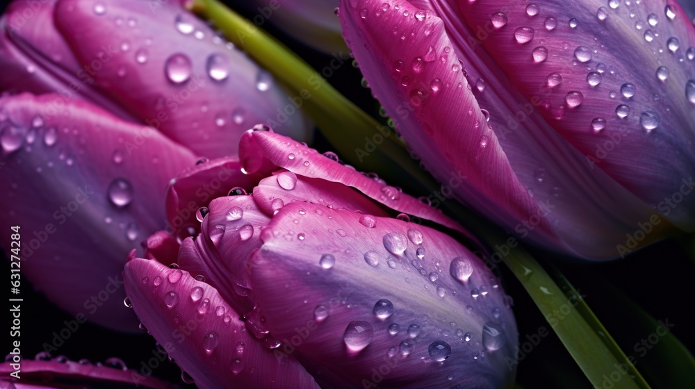 Purple Tulips flowers with water drops background. Closeup of blossom with glistening droplets. Gene