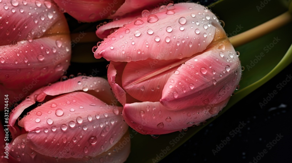 Pink Tulips flowers with water drops background. Closeup of blossom with glistening droplets. Genera