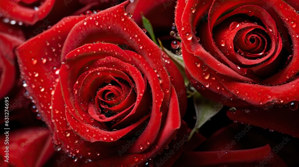 Red Roses flowers with water drops background. Closeup of blossom with glistening droplets. Generati