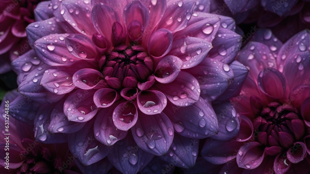 Purple Dahlia flowers with water drops background. Closeup of delicate blossom with glistening dropl