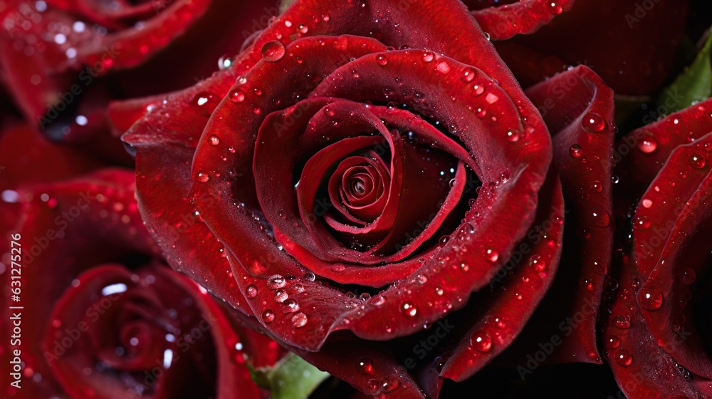 Red Roses flowers with water drops background. Closeup of blossom with glistening droplets. Generati