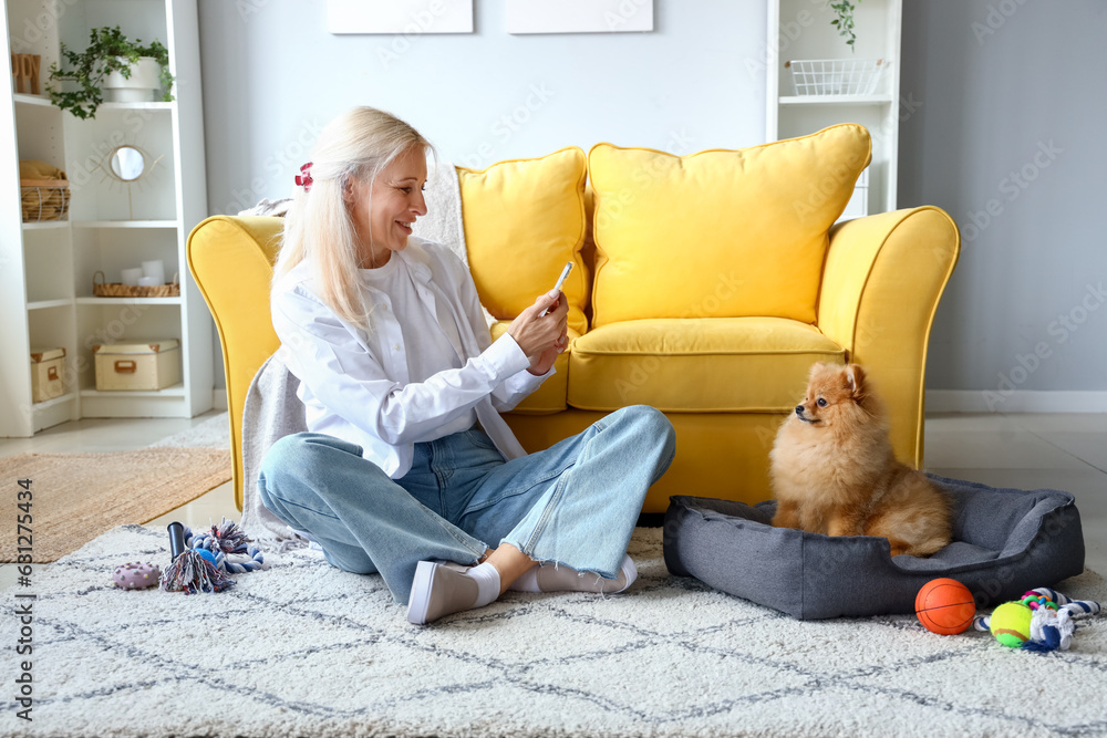 Mature woman with mobile phone taking picture of her Pomeranian dog at home