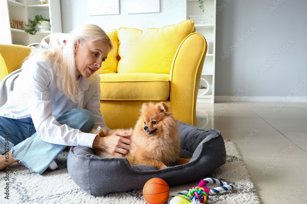 Mature woman with Pomeranian dog on pet bed at home