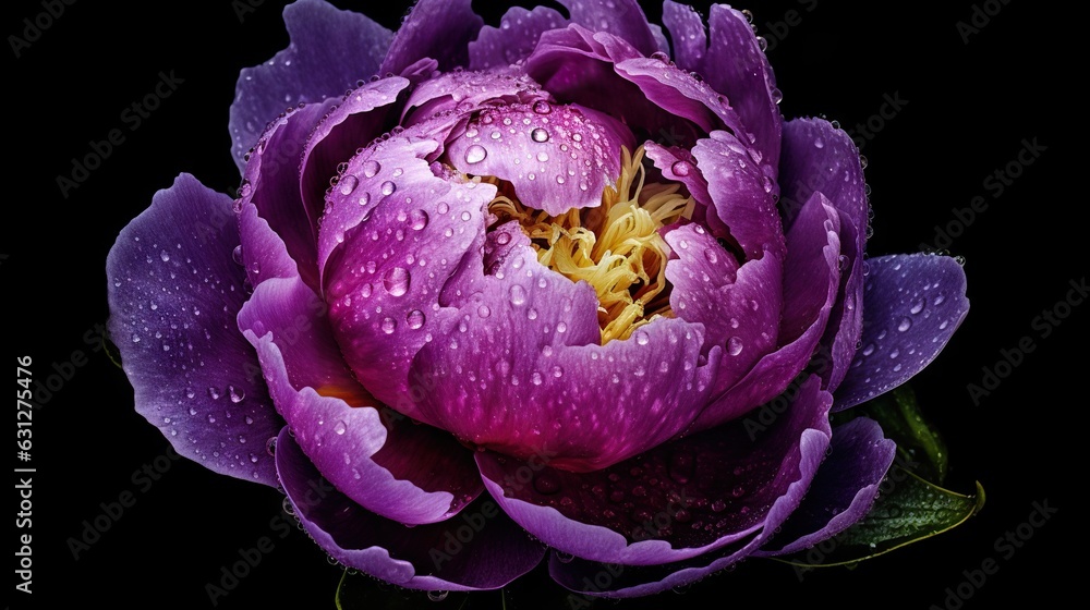 Purple Peony flowers with water drops background. Closeup of blossom with glistening droplets. Gener