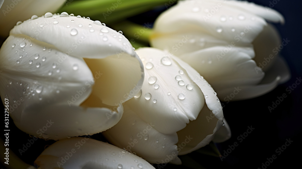 White Tulips flowers with water drops background. Closeup of blossom with glistening droplets. Gener