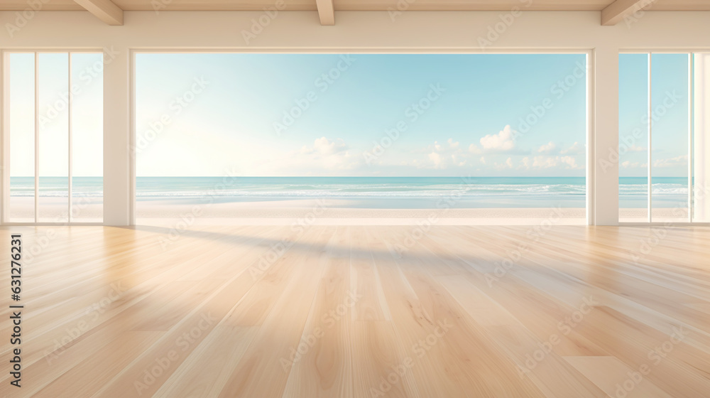 Empty apartment room with wooden floor of beach house. Sea view from windows. Copy space. Generative