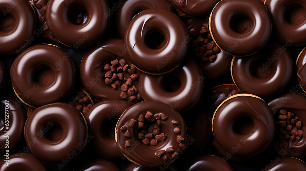 Donut with chocolate glaze background. Round american chocolate doughnuts. Generative AI