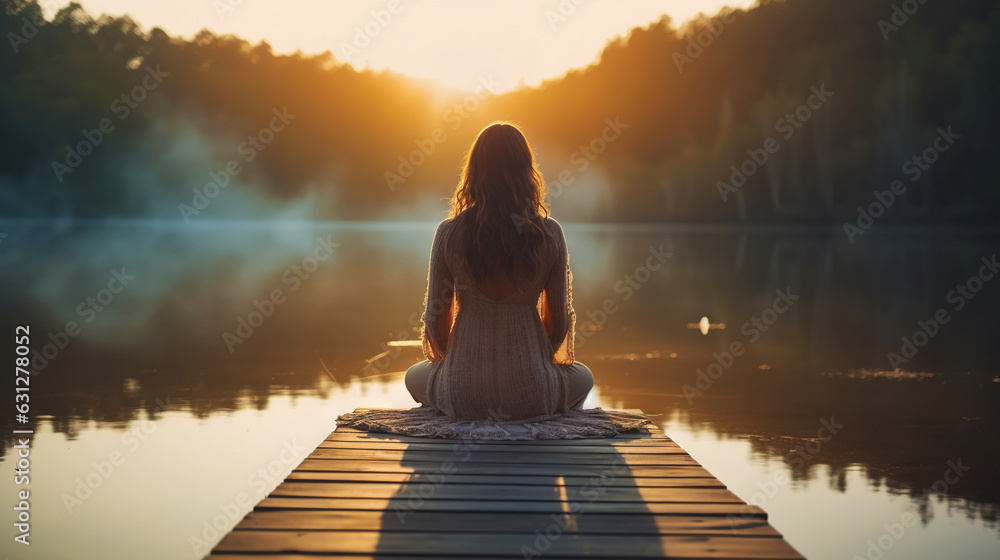 Young girl practice yoga on wooden pier with a view on lake and beautiful landscape. Generative AI