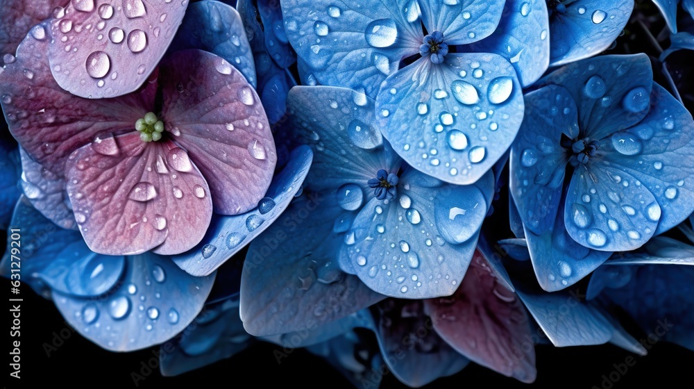 Blue Hydrangeas flowers with water drops background. Closeup of blossom with glistening droplets. Ge