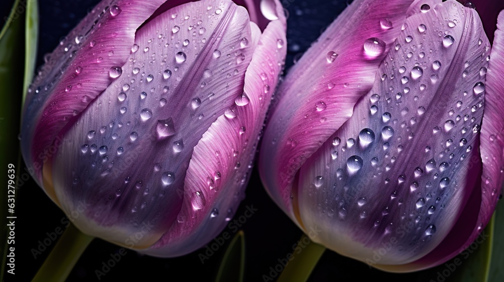 Purple Tulips flowers with water drops background. Closeup of blossom with glistening droplets. Gene