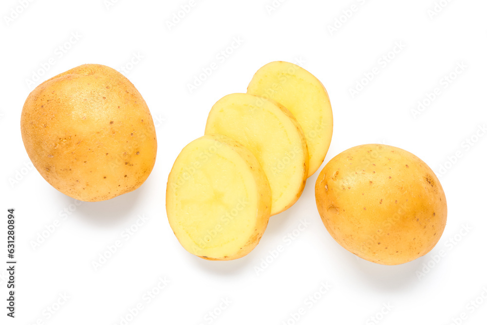 Fresh raw potatoes on white background