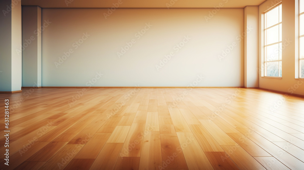 Beige wall empty apartment room with wooden floor. Copy space for product placement. Generative AI