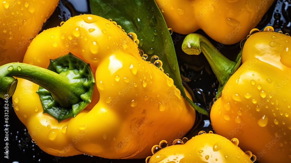 Fresh yellow bell peppers with water drops background. Vegetables backdrop. Generative AI