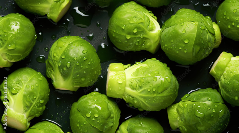 Fresh green brussels sprouts with water drops background. Vegetables backdrop. Generative AI