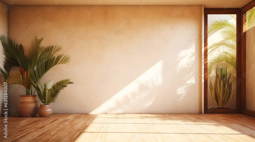 Empty room of modern contemporary loft with plants on wooden floor. Generative AI