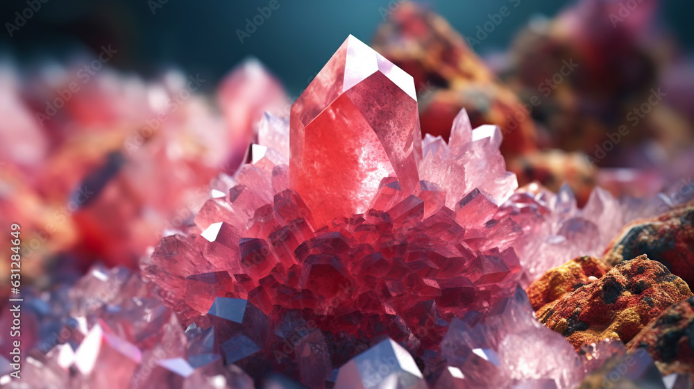 Amazing bright and shiny Rhodochrosit crystal cluster background. Jewel mineral detailed macro. Gene