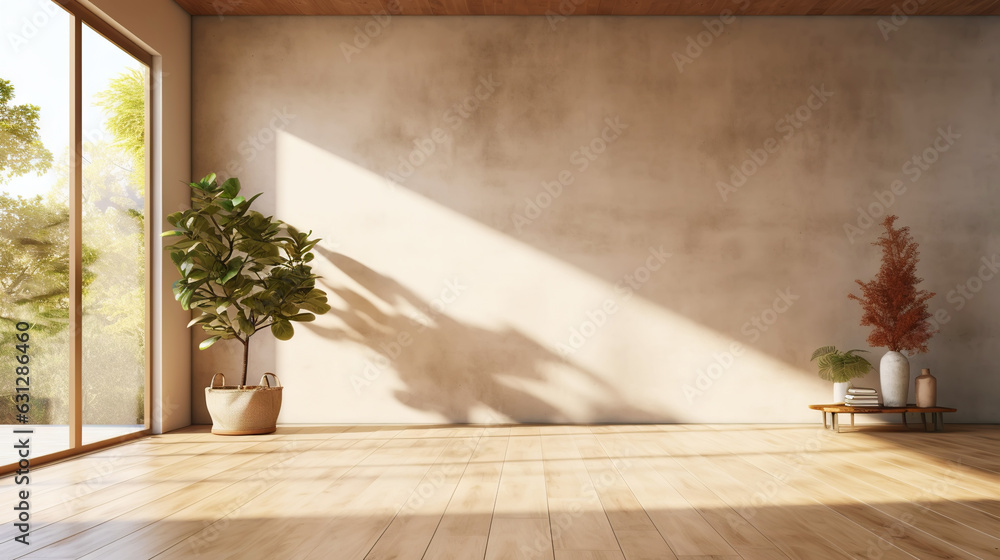 Empty room of modern contemporary loft with plants on wooden floor. Generative AI