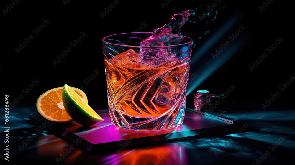 Glass of cocktail in hypnotic neon light. Colorful rave party drink. Generative AI