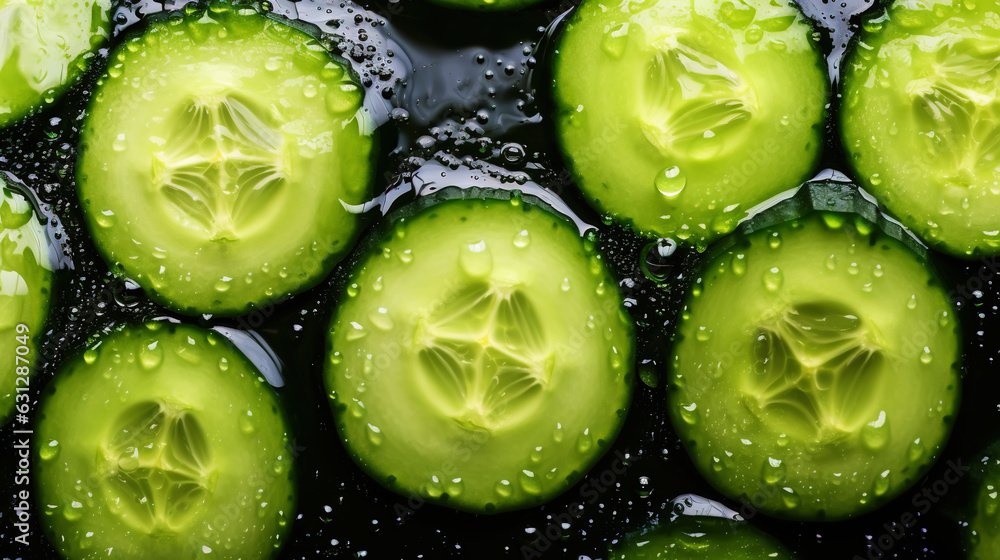 Fresh green cucumber slices with water drops background. Vegetables backdrop. Generative AI