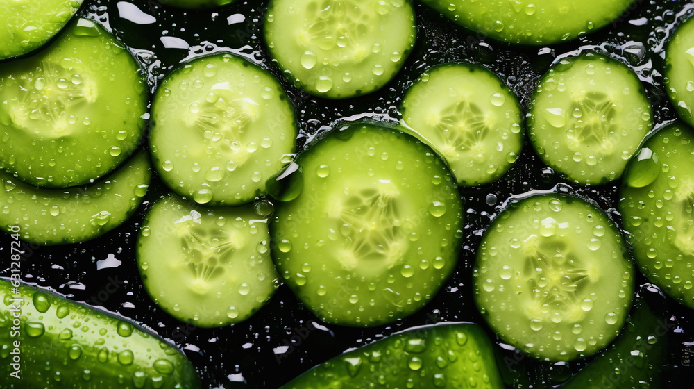 Fresh green cucumber slices with water drops background. Vegetables backdrop. Generative AI