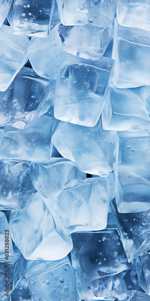 Ice cubes bluish background. Frozen water. Cold fresh concept. Generative AI