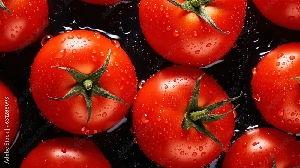 Fresh red tomatoes with water drops background. Vegetables backdrop. Generative AI