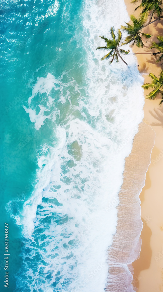 Aerial top view on sand ocean beach with palm trees. Summer vacation paradise concept. Vertical. Gen