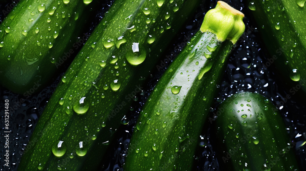 Freshgreen zucchini or courgettes with water drops background. Vegetables backdrop. Generative AI