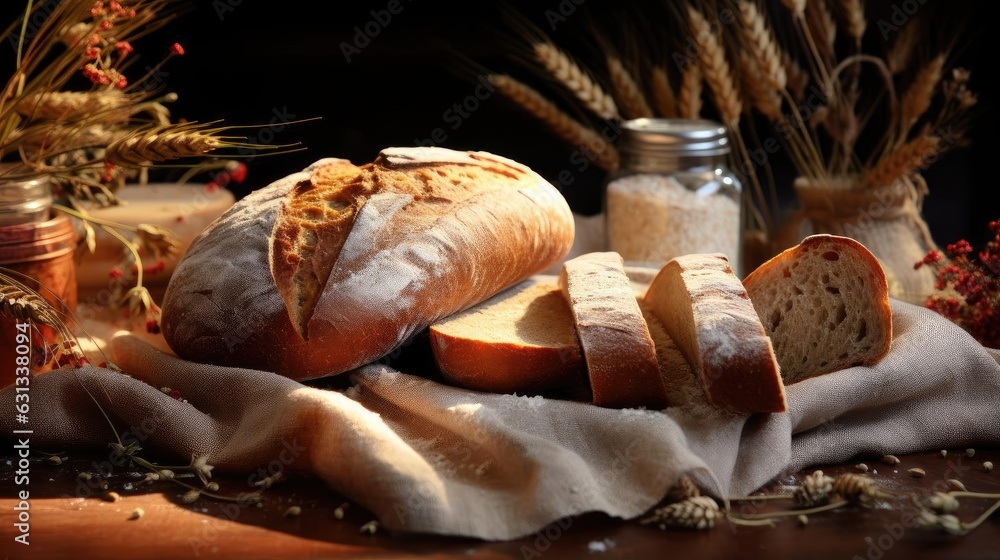 fluffy bread sprinkled with white sugar on a wooden table with blurred background