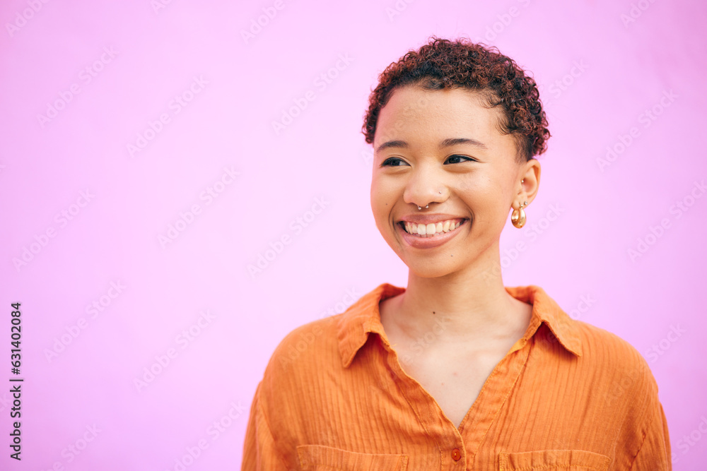 Happy, thinking woman and smile in studio excited with confidence feeling cute. Pink background, you