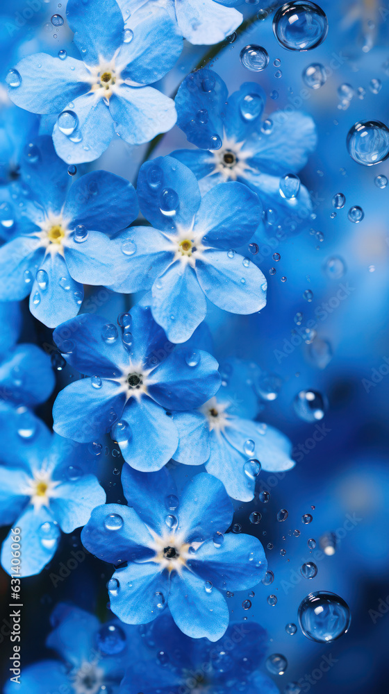 Forget-me-nots flowers pressed up against glass covered in condensation, , water droplets.