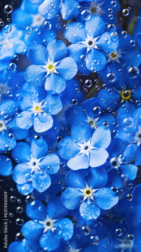 Forget-me-nots flowers pressed up against glass covered in condensation, , water droplets.