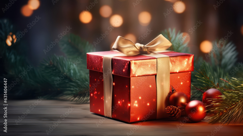 Christmas gift box on bokeh background. Seasons greeting card