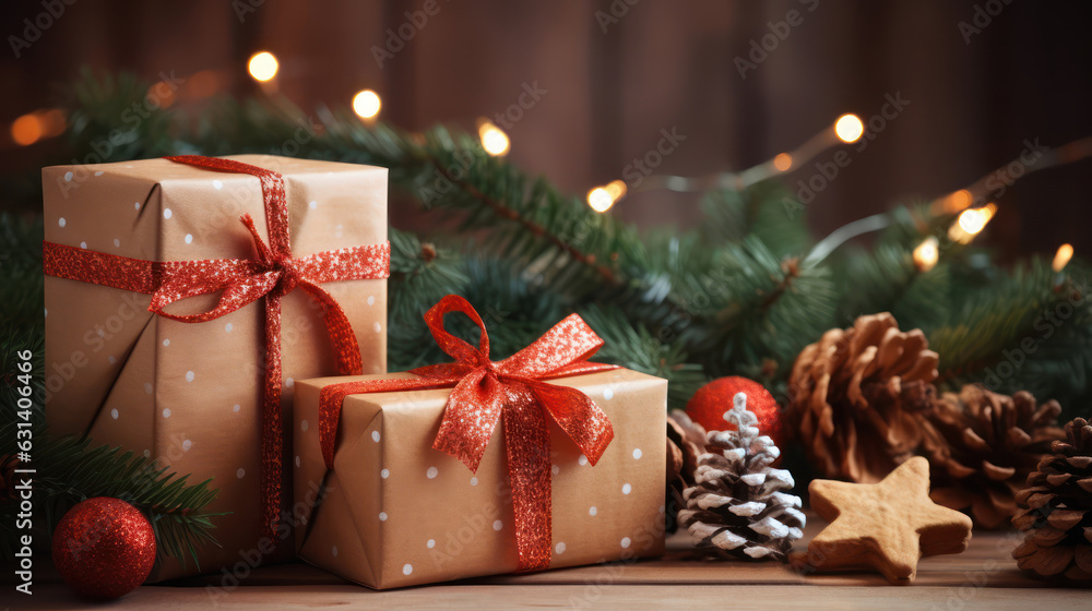 Christmas gift box on bokeh background. Seasons greeting card