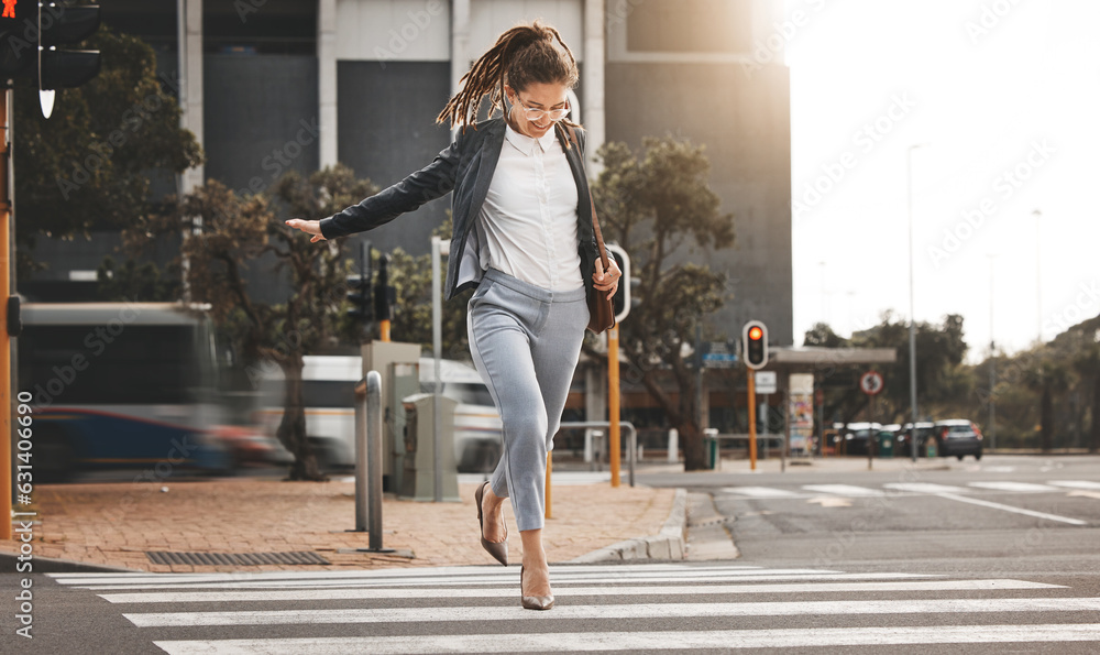 City, walking and business woman on a crosswalk with travel, commute and urban journey. Running, out