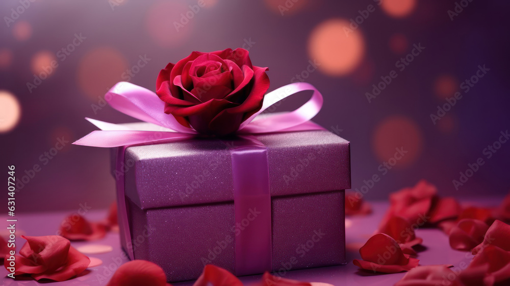 Valentines Day. Pink petals, rose, gift on dark purple bokeh background.