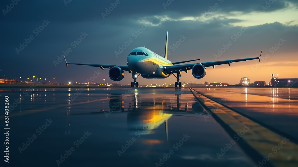 An airplane prepares for departure at the airport at sunset 