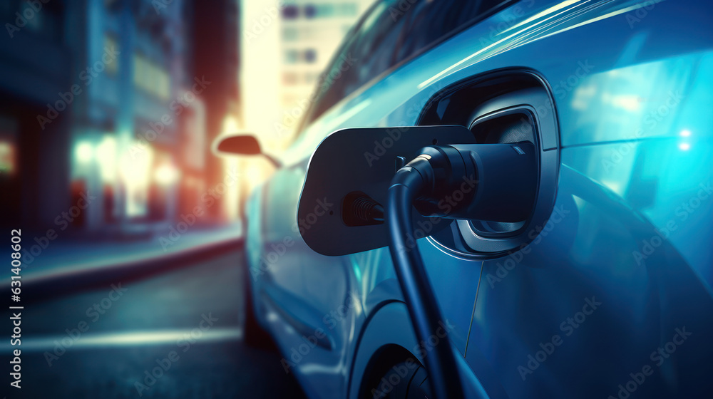 Closeup of an electric car being charged from a fast charger 