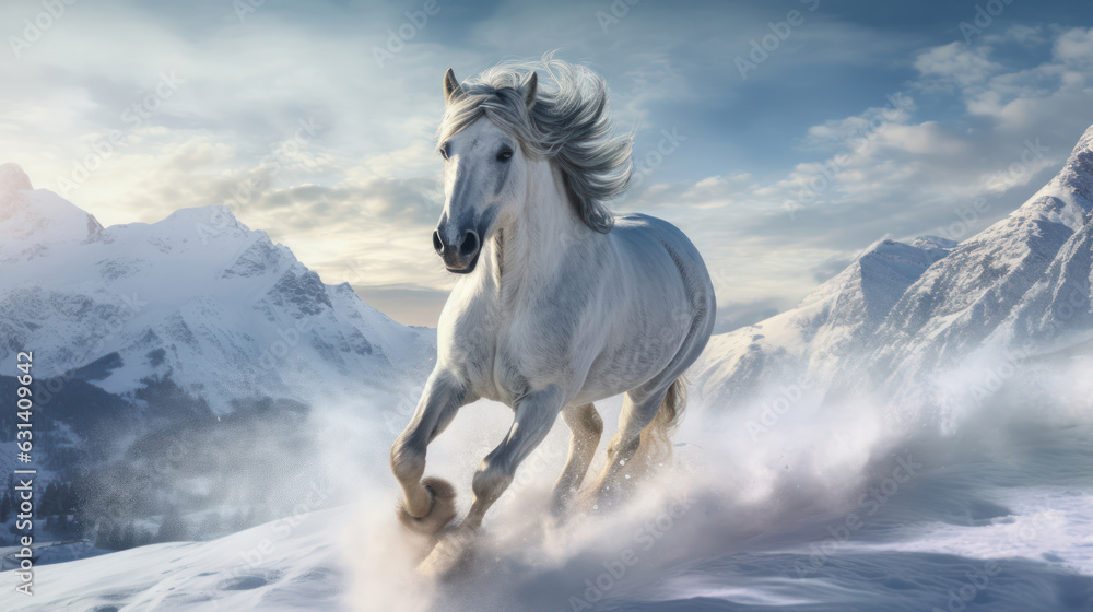 A horse running through a winter landscape against a backdrop of mountains