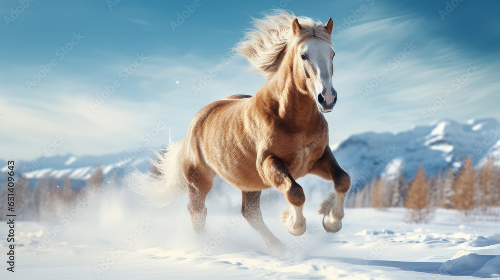 A horse running through a winter landscape against a backdrop of mountains