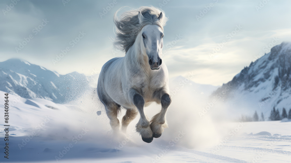 A horse running through a winter landscape against a backdrop of mountains