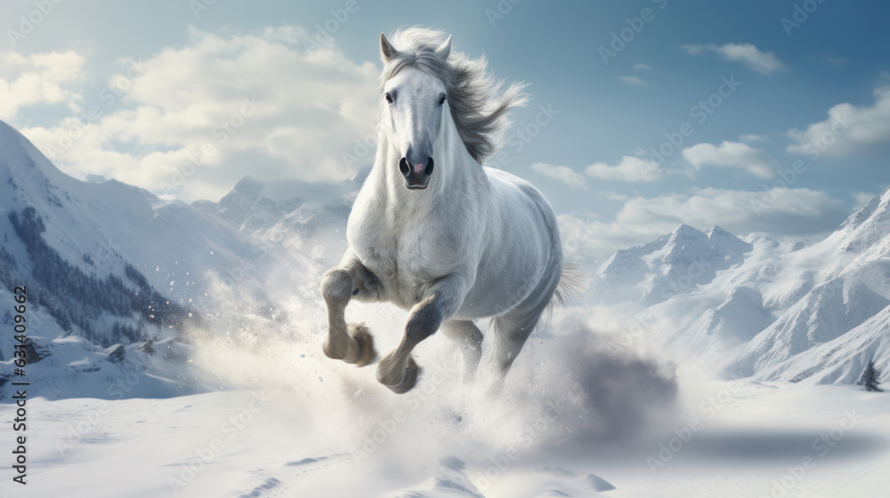 A horse running through a winter landscape against a backdrop of mountains