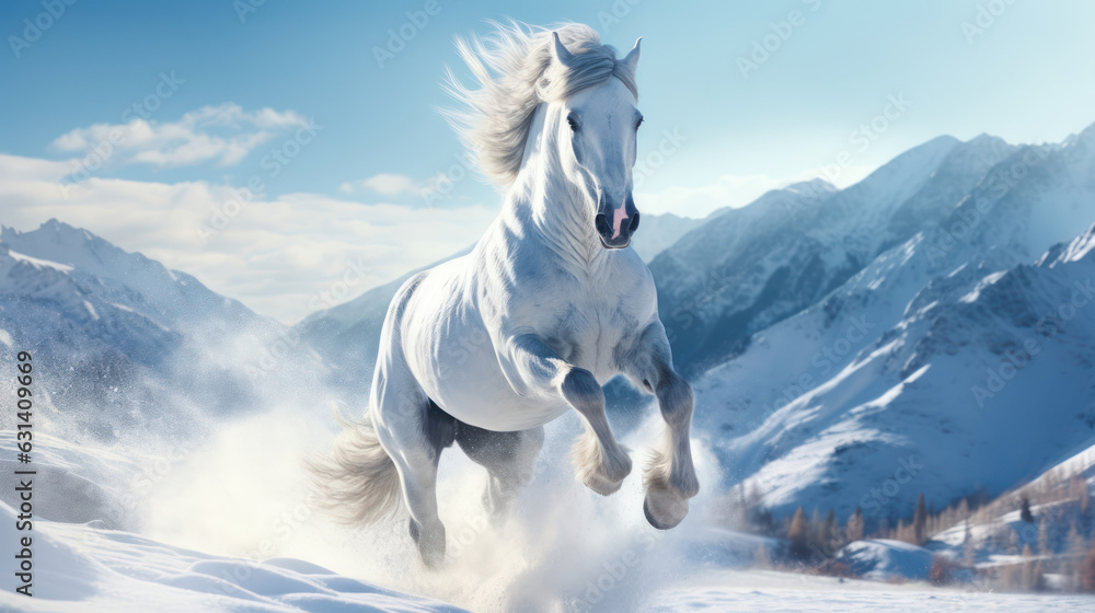 A horse running through a winter landscape against a backdrop of mountains