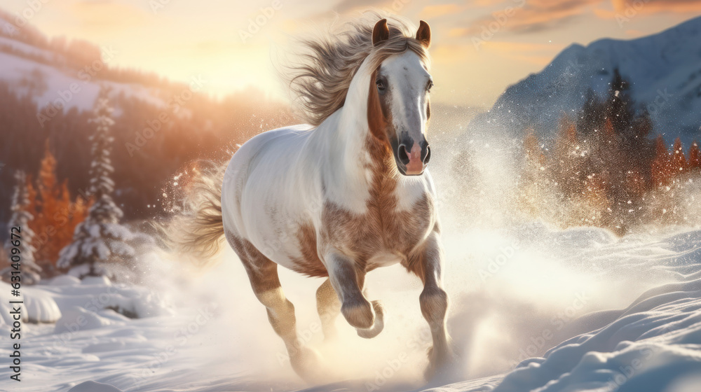 A horse running through a winter landscape against a backdrop of mountains