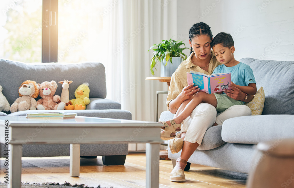 Learning, book and mother with boy on a sofa for education, growth and child development in their ho